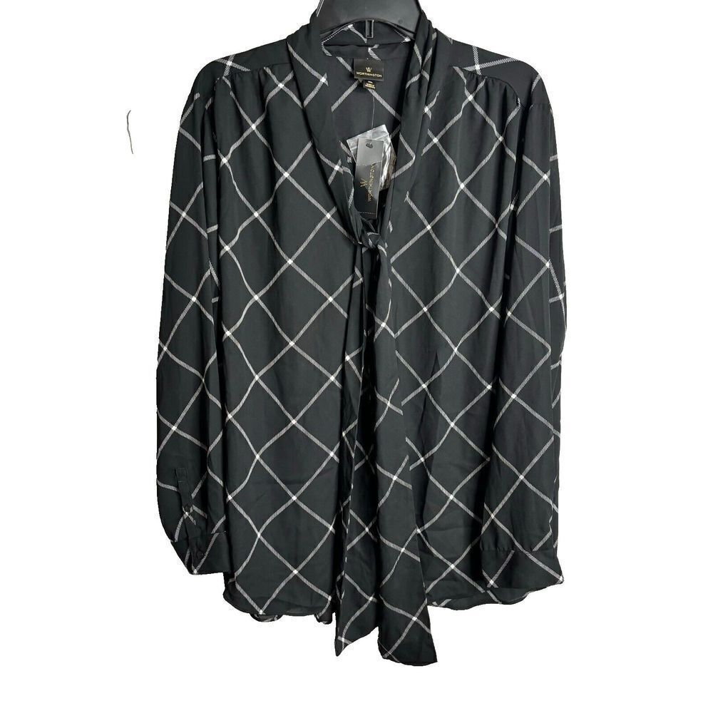 Worthington Long Sleeve Bottun Up Shirt Top Black Windowpane Check XL